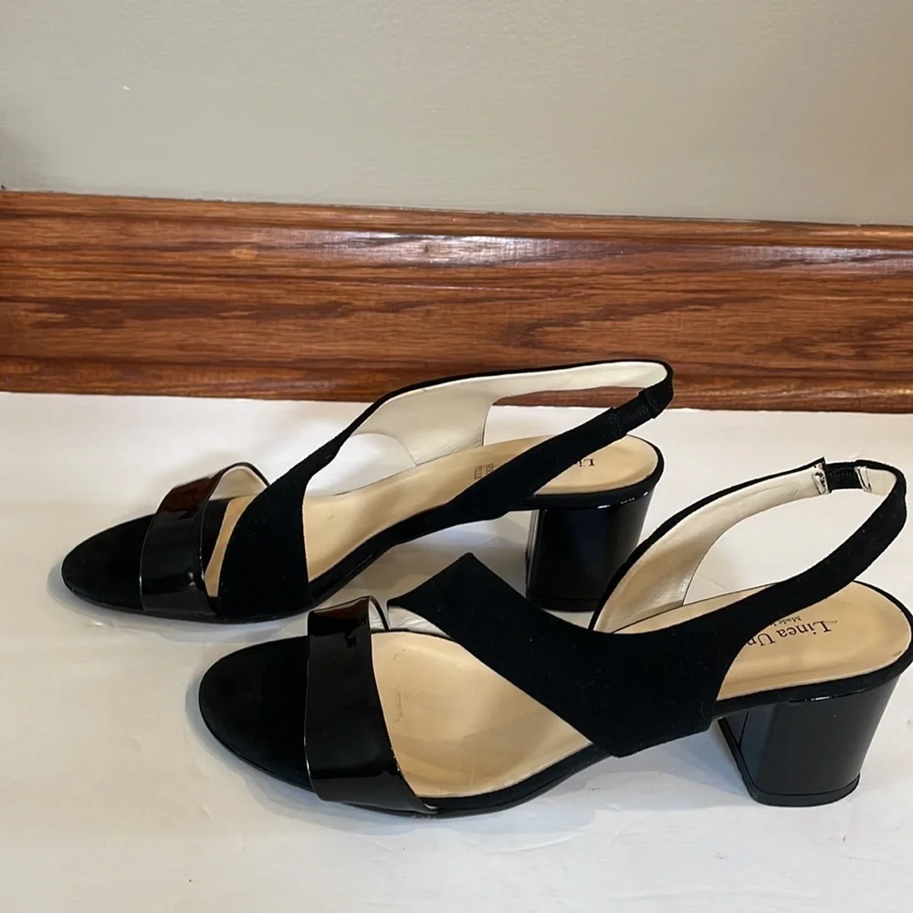 LINEA UNO VERA PELLE genuine patent leather / suede black sandals block heel 39